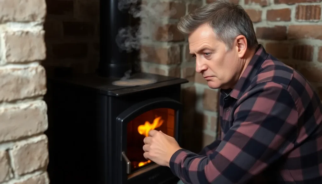 A man with a practical, serious expression on his face is in a boiler room or basement next to a solid fuel stove.