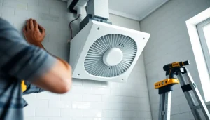 A , masculine shot of a man's hands installing a modern, white exhaust fan into a bathroom wall.