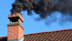 A close-up of a brick chimney on a house roof, from which a thick, black, sooty smoke is billowing out against a clear sky.