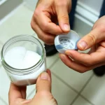 Mężczyzna przygotowuje domową pułapkę na rybiki w łazience, oklejając słoik taśmą i wsypując do środka cukier jako przynętę.