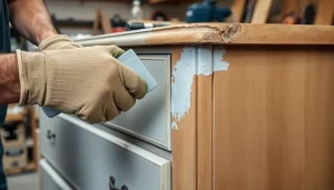 Mężczyzna pokazuje, jak usunąć starą farbę z mebli drewnianych za pomocą szpachelki i środka chemicznego.