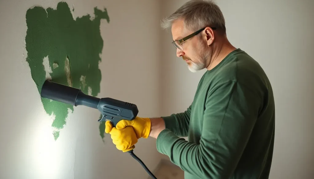 Skuteczny sposób na to, jak usunąć farbę olejną z tynku – mężczyzna używa opalarki i szpachelki.