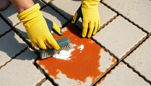 Mężczyzna pokazuje, jak usunąć rdzę z betonu za pomocą domowej pasty i twardej szczotki.