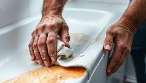 Mężczyzna pokazuje, jak usunąć rdzę z plastiku, czyszcząc zabrudzoną powierzchnię za pomocą pasty z sody oczyszczonej.