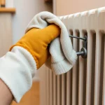 Mężczyzna odpowietrzający grzejnik; widoczny sposób na to jak odpowietrzyć kominek z płaszczem wodnym i całą instalację.
