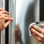 Mężczyzna zastanawia się jak usunąć rysy z lodówki inox; widoczne zarysowanie na stali nierdzewnej i sposoby na polerowanie AGD.