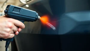 Mężczyzna usuwający rysy na zderzaku plastikowym przy pomocy opalarki; widoczne głębokie przetarcie na czarnym plastiku.