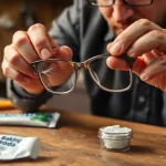Mężczyzna zastanawia się jak usunąć rysy z okularów plastikowych; widoczna rysa na szkle i obok pasta do zębów jako domowy sposób.