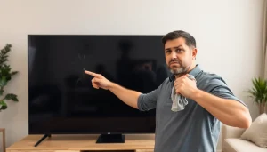 Zmartwiony mężczyzna pokazuje palcem rysę na ekranie telewizora LCD; zastanawia się jak usunąć rysy z telewizora i czy to bezpieczne.
