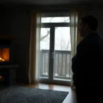 Mężczyzna sprawdzający kominek z płaszczem wodnym w czasie braku prądu; widoczny zasilacz awaryjny UPS i zawór DBV jako zabezpieczenie.