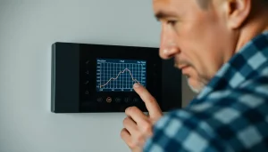 Mężczyzna ustawiający parametry krzywej grzewczej dla grzejników na sterowniku nowoczesnego kotła gazowego.