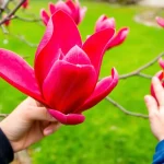 Kwitnąca magnolia vulcan o dużych rubinowych kwiatach w ogrodzie