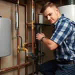 Instalator podłączający hydraulikę; widoczny koszt montażu kominka z płaszczem wodnym; cena robocizny fachowca z uprawnieniami.