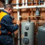 Profesjonalny montaż kominka z płaszczem wodnym; widoczny hydraulik podłączający rury do wkładu; instalacja krok po kroku przez fachowca.
